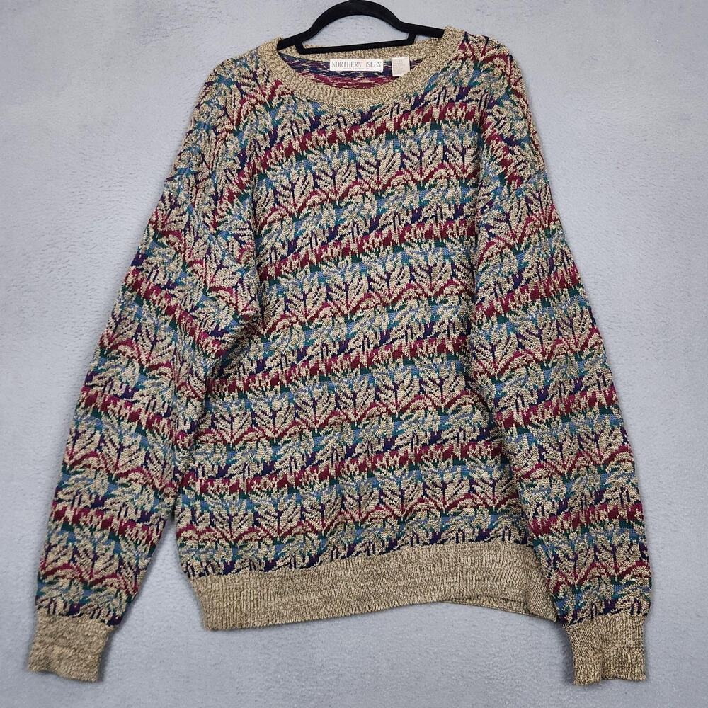Vintage Northern Isles Sweater Womens XL Multicolor Ramie Cotton Leaf Knit 90s